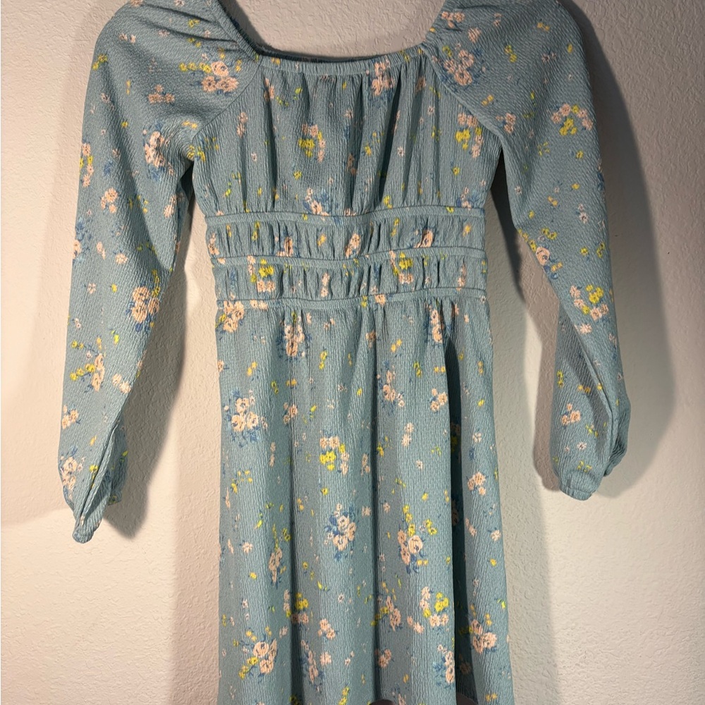 Art Class Blue Casual Sundress with Square Neck and Bishop Sleeves